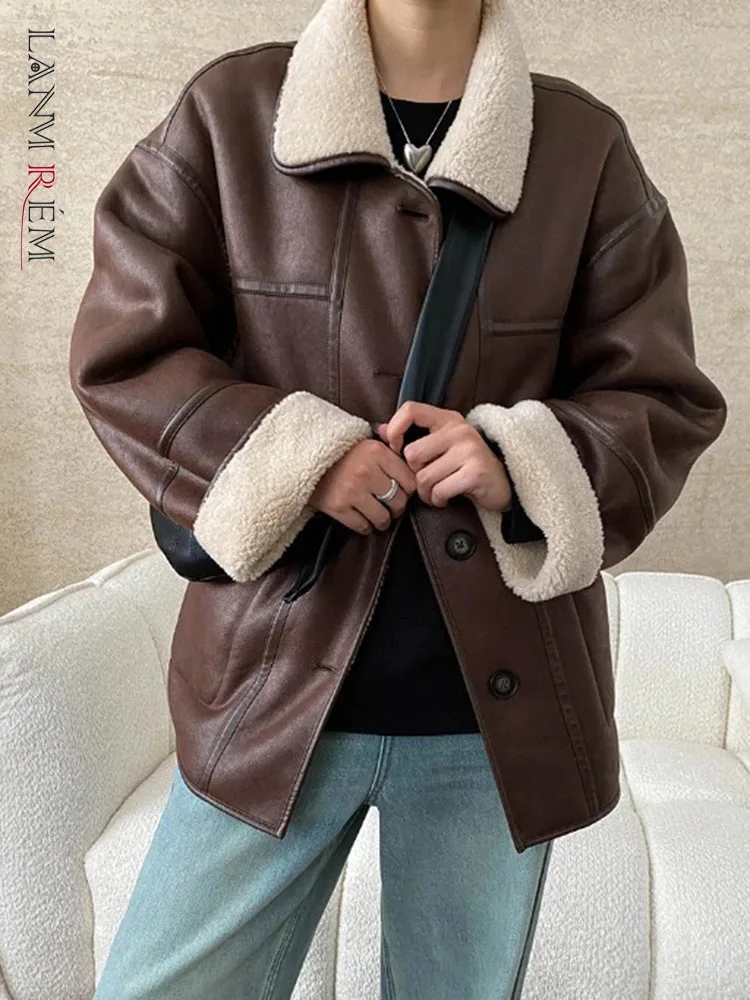 [LANMREM] Faux Fur Thick Warm Coats Lapel Single Breasted Office Lady Elegant Female Outwear Fashion 2024 Winter New 26C1095