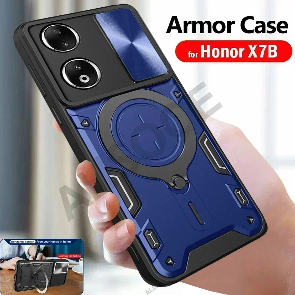 Slide Camera Lens Protect Funda for Honor X7B Case Armor Ring Stand Cover for Huawei Honor X7B CLK-LX1, CLK-LX2, CLK-LX3 Capa