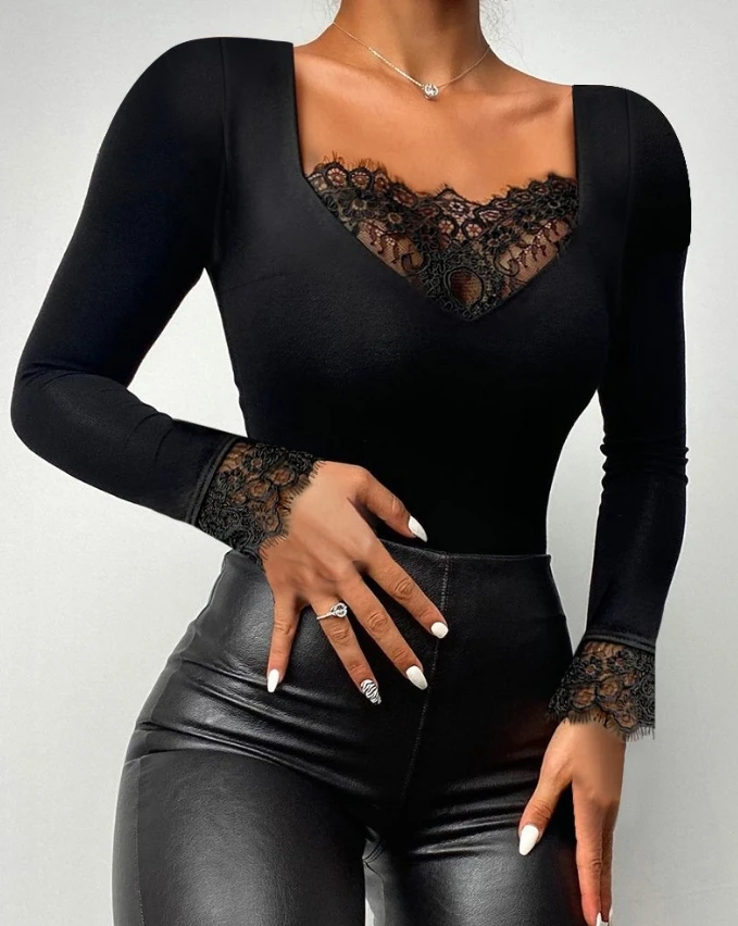 

Sexy Elegant Blouses Shirt Eyelash Lace Patch Long Sleeve Skinny Top New 2024 Autumn Winter Spring Casual T-Shirt Pullover Tops