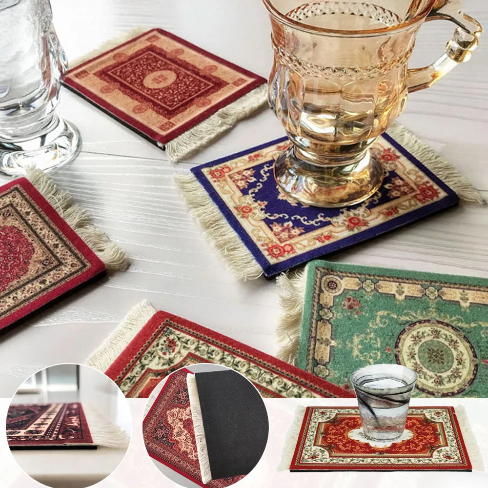 

Mini Persian Coaster Plate Mats with Tassels Cup Placemats Coasters Carpet for Office Home Computer Desk Dinner Table Posavasos