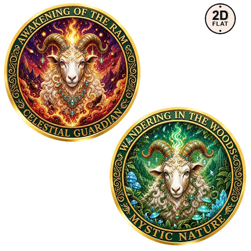 1pc Awakening of the Ram Metal Commemorative Coin UV Printing Celestial Guardian & Mystic Nature Wildlife Medal for Zodiac Lover