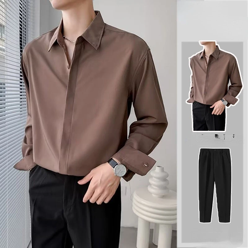 

Summer Pleated Sets Men Solid Color Fashion Loose Casual Long Sleeve Shirt Pants Two-Piece Set Men Korean Oversized Mens V25