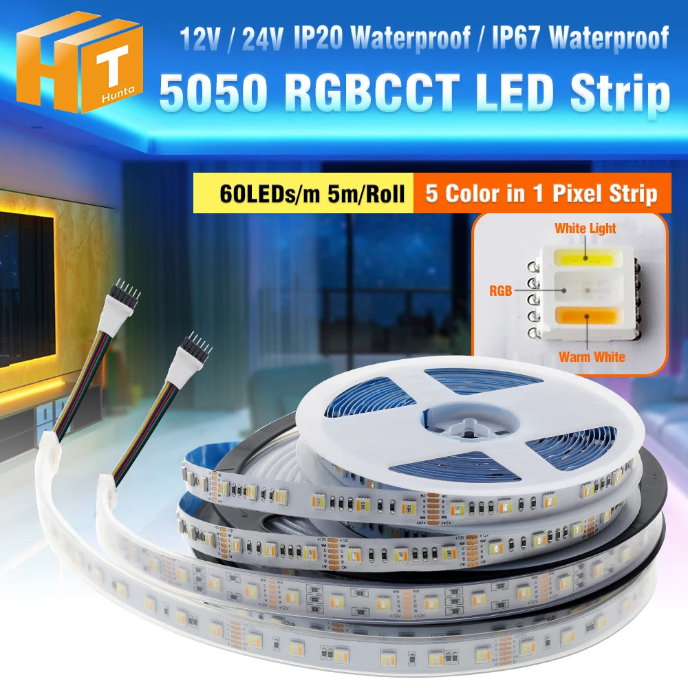 RGBCCT LED Strip 5050 12V 24V 60LEDs/m IP67 IP20 RGB White Warm White 5 Color in 1 pixel LED Strip 5m/lot