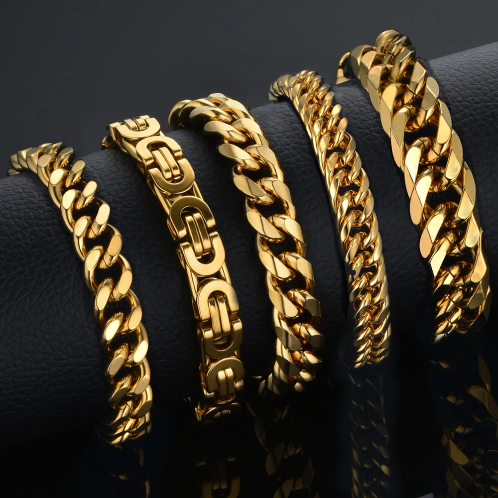5 Style Men Bracelet 316L Stainless Steel Gold Silver Color Curb Cuban Link Chain Bracelet for Male Hiphop Trendy Jewelry Gift