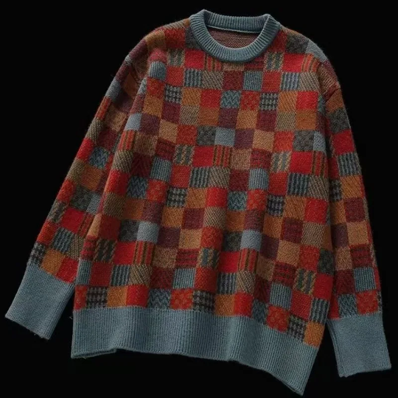 

Japanese Vintage Color Blocked Checkerboard Pattern Knitted Sweater Women Pullovers O-neck Long Sleeve Casual Jumpers Winter New