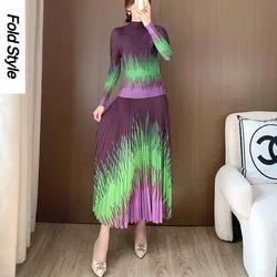 Half Skirt Set for Women's High-end Spring Fashion Gradient Pleated T-shirt Top Long Pleated Skirt Two-piece Set