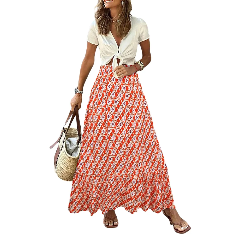 

Douhoow Women Summer Bohemian Skirt Ruffled Hem Geometric Print Elastic High Waist A-Line Skirt for Beaches Club Streetwear