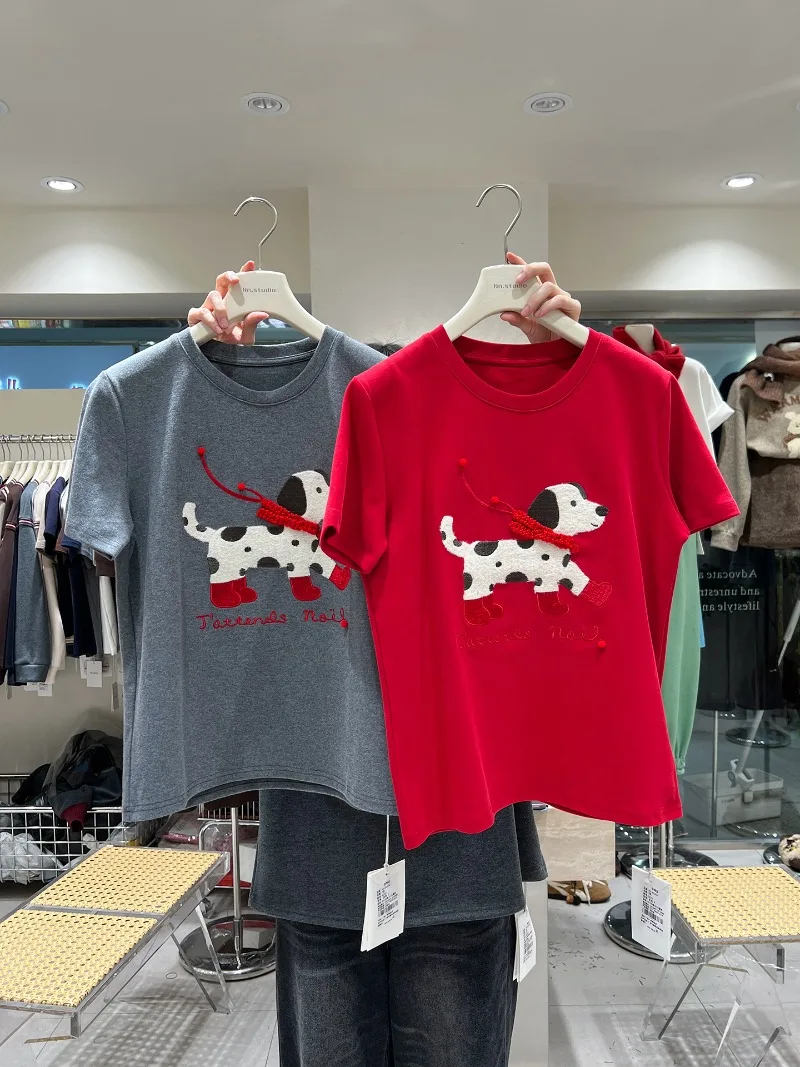 اليمين الكتف جولة الرقبة المطرزة الكرتون تيز الخريف سميكة نحى القطن أنيق الشباب فضفاض تي شيرت كامل للفتيات