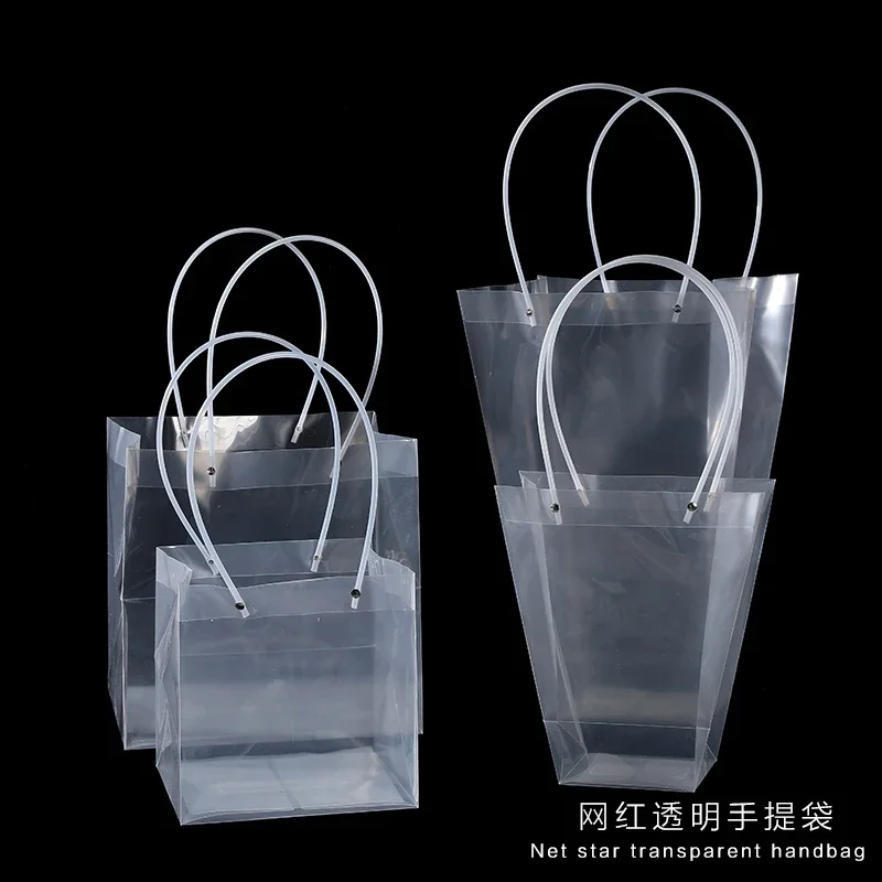 Waterproof Transparent Handbag Trapezoid Square Gift Bouquet of Flowers Artwork Storage Thick Handle Plastic Packaging Bags