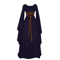 Women'S Halloween Costume Long Sleeved Round Neck Lace-Up Waist Irregular Dresses Medieval Retro Elegant Evening Dress