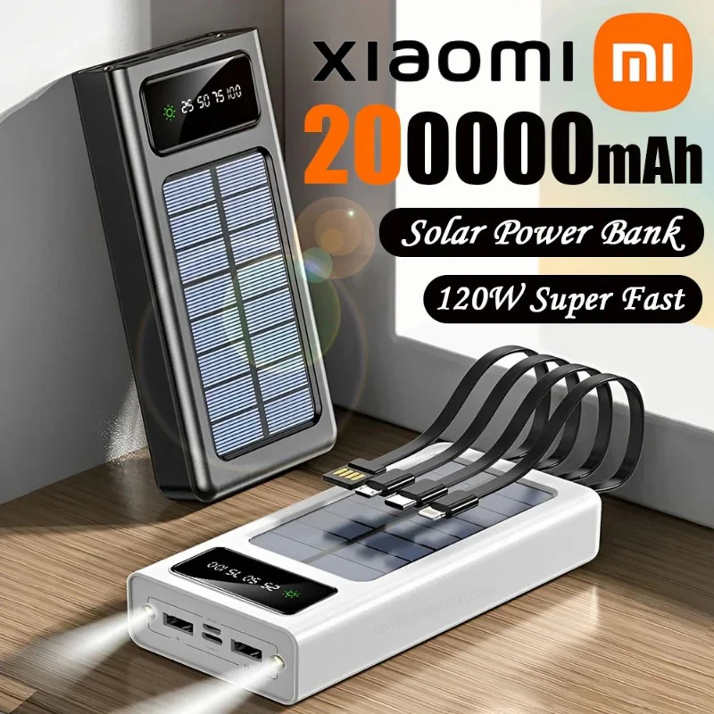 

Xiaomi 200000mAh Solar Power Bank Large Capacity Mobile Power Fast Charging Battery Dual USB 4 Cables For iPhone Samsung Huawei