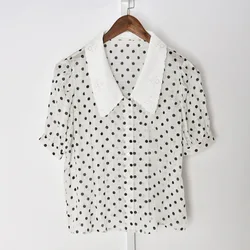 Women Polka Dot Print Blouse Color Contrast Turn-down Collar Single Breasted Short Sleeve Sweet Shirt