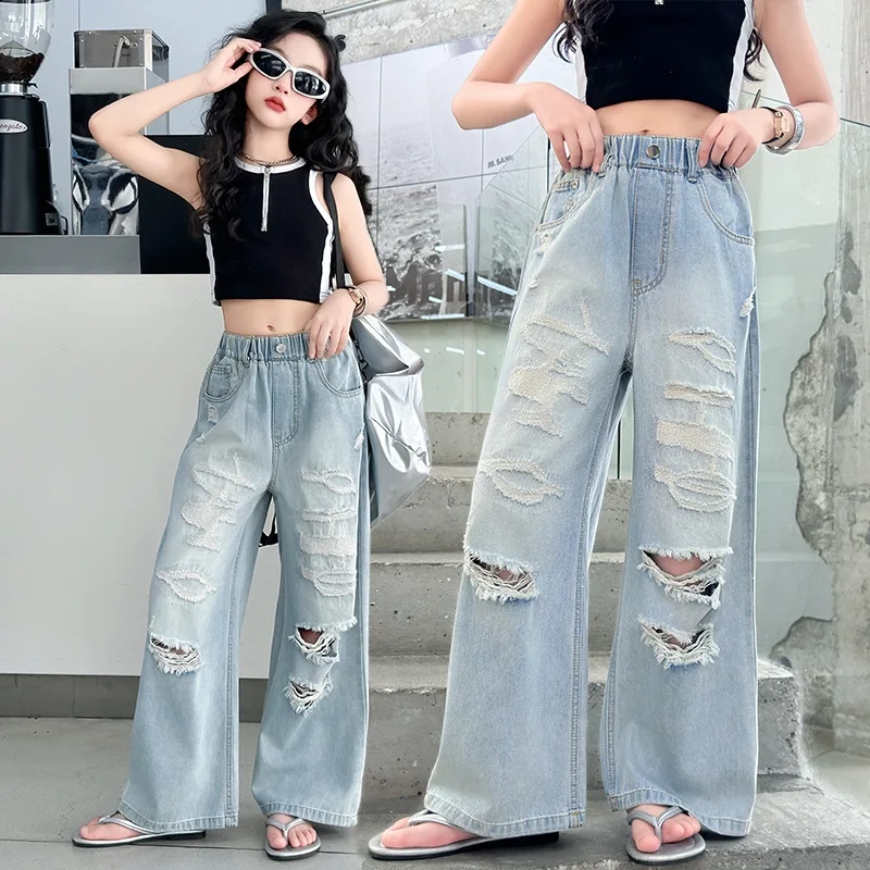 

Детские светло-голубые рваные джинсы с дырками для подростков, танцевальные джинсы, модные детские джинсовые брюки в уличном стиле для девочек в стиле хип-хоп