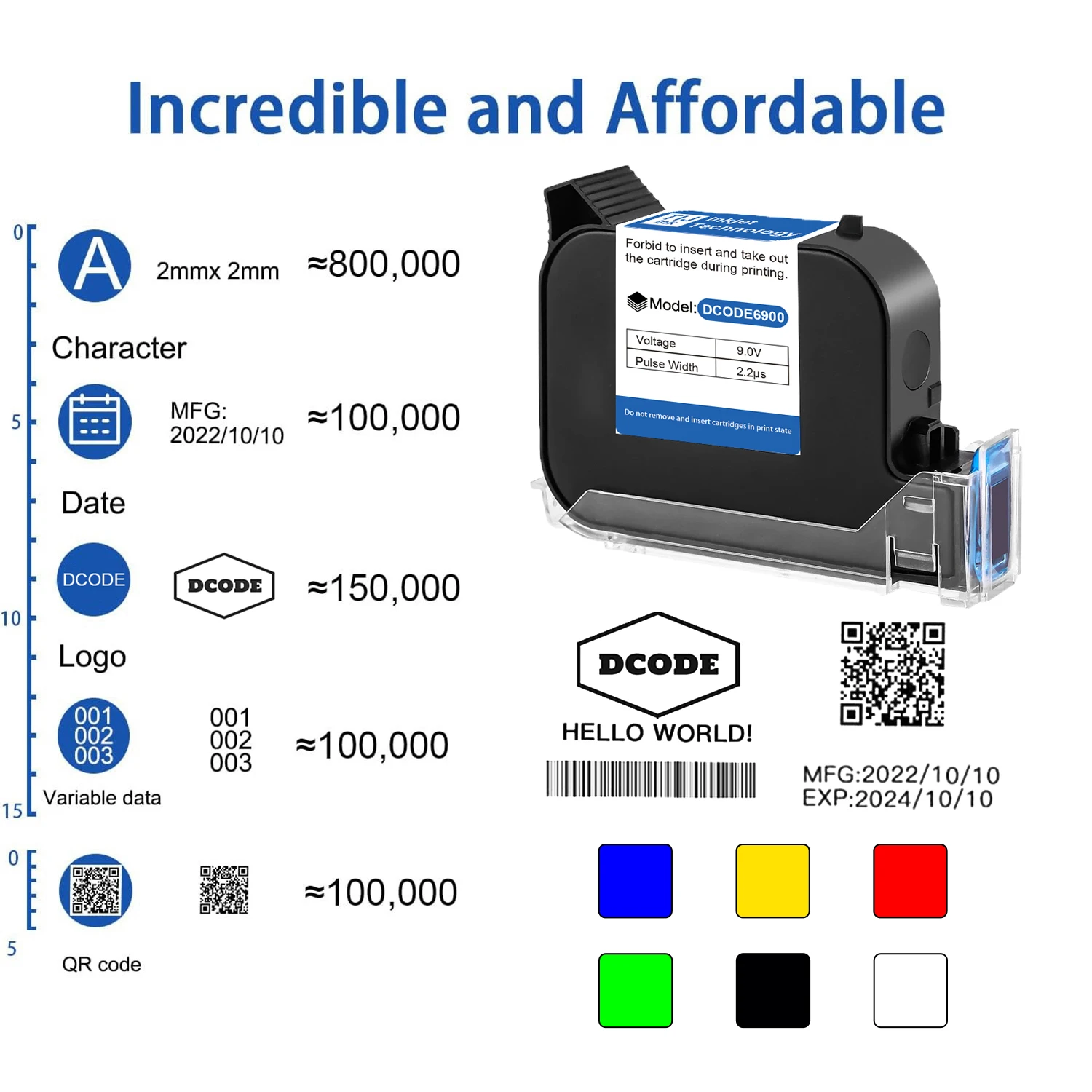 DCODE 12.7mm A Level HD TIJ Ink Cartridges Solvent Ink Cartridge Fast Drying Black White Red Yellow Blue Green Water-proof Inks