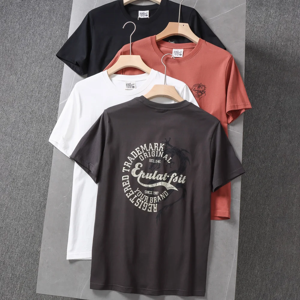 

Summer New American Retro Short Sleeve O-neck Letter Dragon Printed T-shirt Men's Simple 100% Cotton Washed Casual Youth Tops
