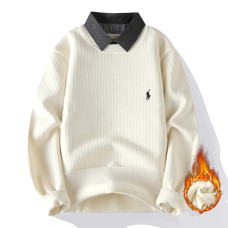 

Ложный свитер из двух предметов с воротником рубашки для мужчин, осень-зима, новый дизайн с вышивкой, толстый теплый мужской свитер, повседневный трикотаж