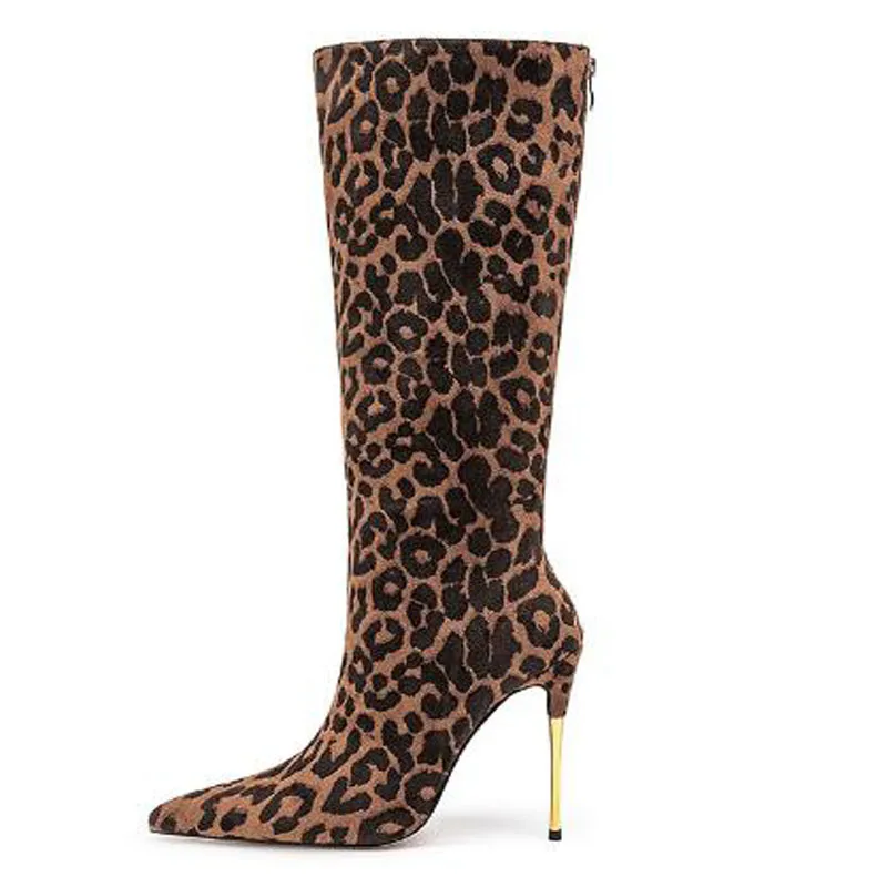 

Size 46 Women Sexy Leopard Suede Pointed Toe Zipper Back Metal Thin Heels Knee High Boots Female Run Way Long Botas Shoes Lady