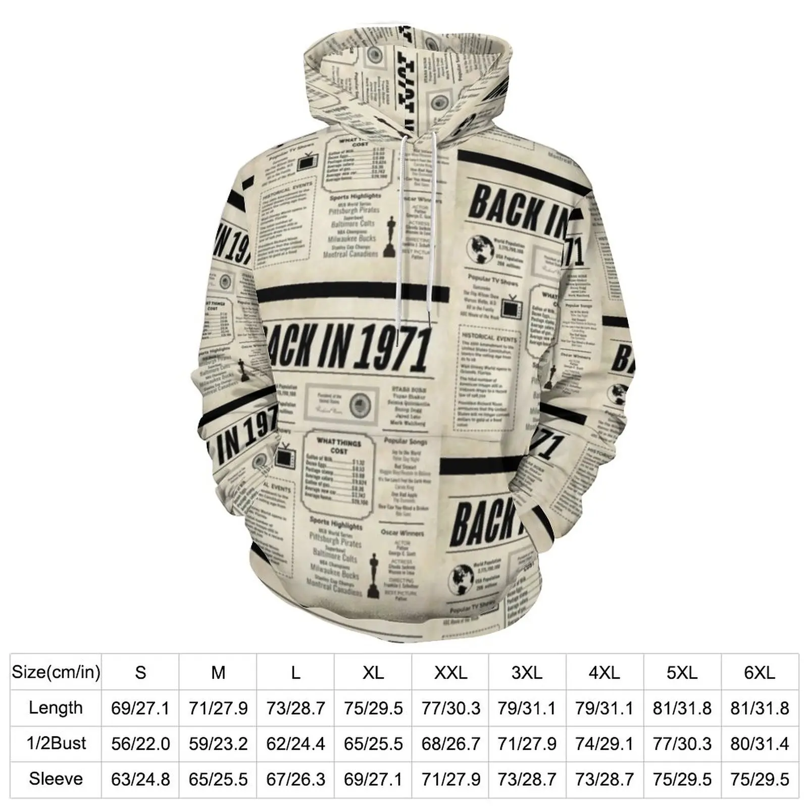 Newspaper Print Hoodies Long Sleeve 1971 Story Events Funny Casual Hoodie Spring Streetwear Oversize Design Loose Sweatshirts