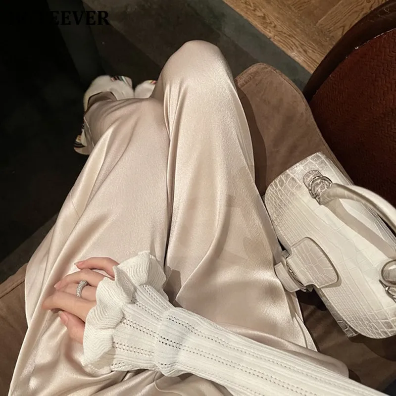 BGTEEVER Spring Summer Loose Pockets Female Satin Trousers Stylish High Waist Straight Pants for Women