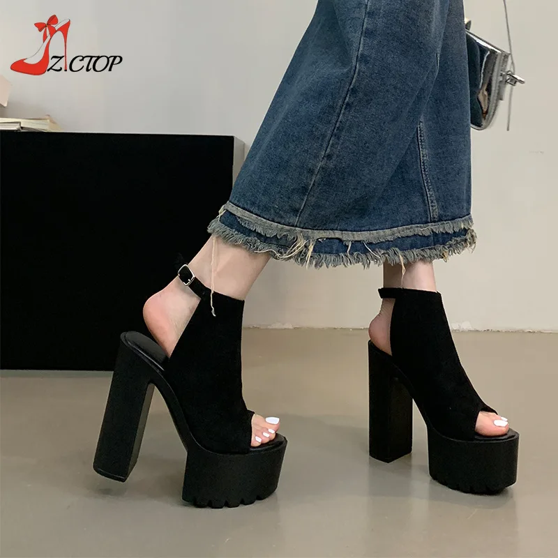 

Women Black Block Heel Platform Sandals Summer 14cm Super High Heels Peep Toe Pumps Plus Size 42 43 Fashion Party Women's Shoes