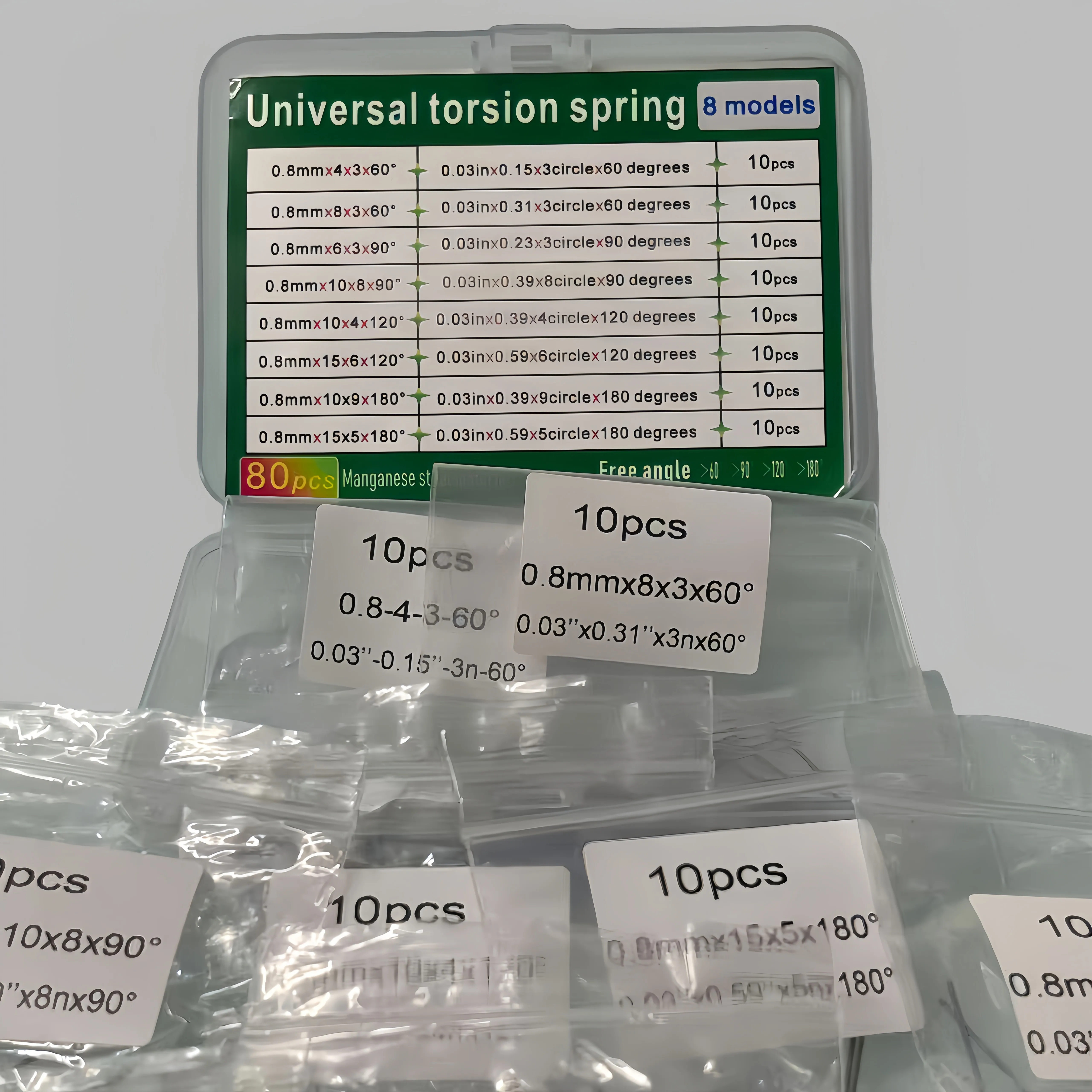 

80-Piece Torsion Spring Assortment, 8 Sizes (60/90/120/180°), Rustproof Spring Steel, Premium Craftsmanship, Ideal for Handmade
