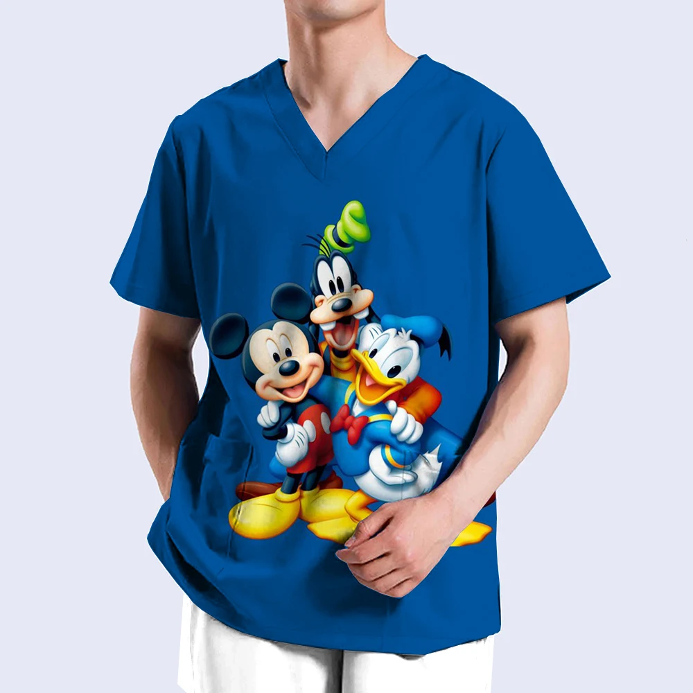 Medico Surgical Uniforms Men Disney Mickey Mouse print V Neck Pockets Dental Women Nurse Scrubs Beauty Therapy Medical Uniform