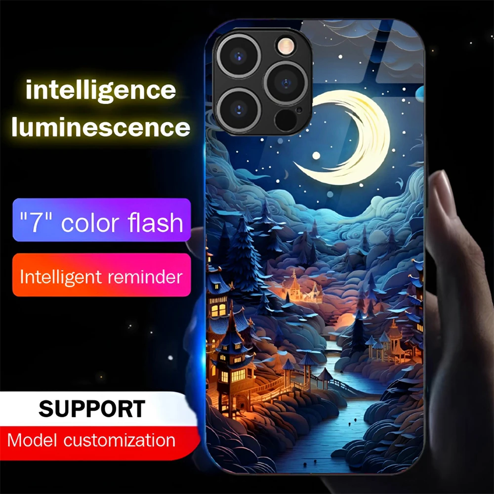 

Pretty Art Paintings Luminous Tempered Glass Phone Case LED Backlight Cover For iPhone 16 E 15 14 13 12 11 Pro Max XR XS Plus