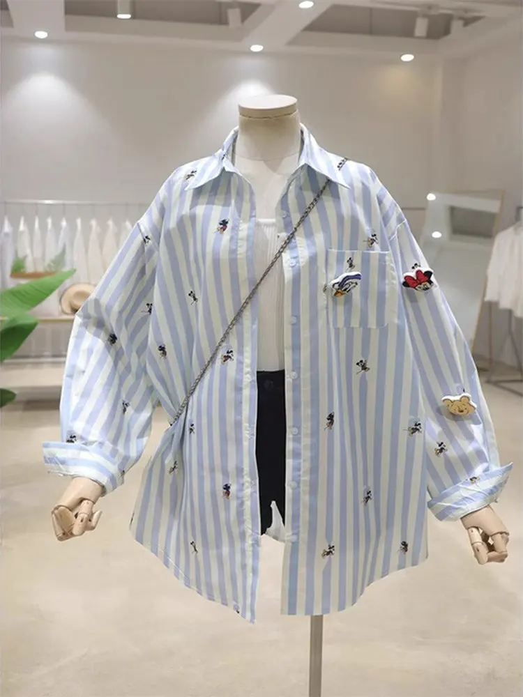 Camiseta holgada larga con bordado de Sve irt para mujer, camiseta holgada francesa con decoración de dibujos animados de otoño y primavera, talla grande, MM