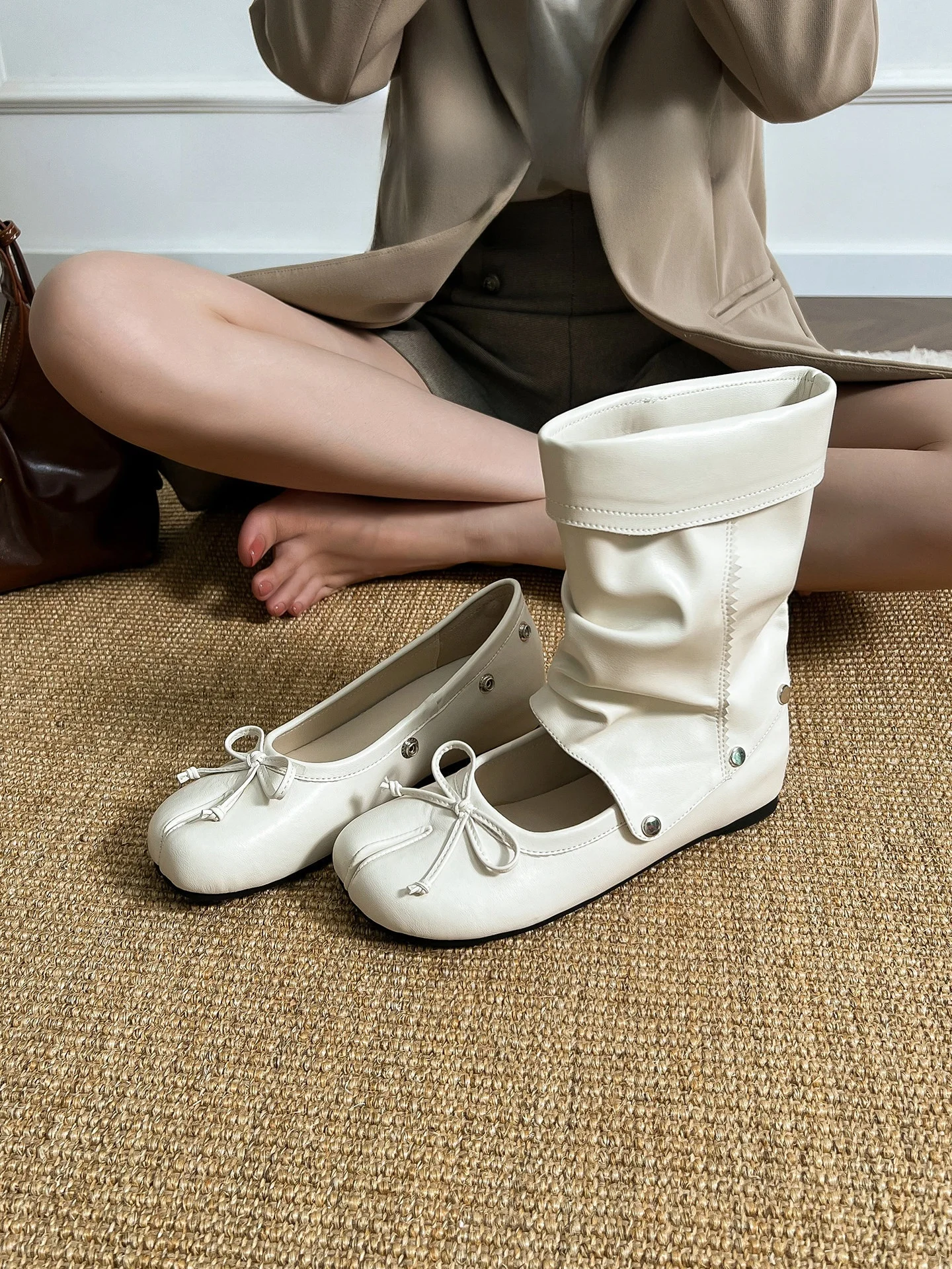 Ballet Style Foldable Leather Short Boots Korean Version  Knot Embellished Inner Heightening Flared Calf Single Shoes