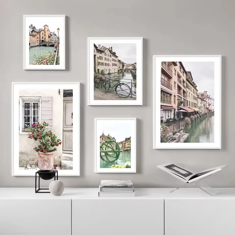 Wall Art Canvas Painting Old Town Street House Small River Car Flower Nordic Posters And Prints Decor Pictures For Living Room
