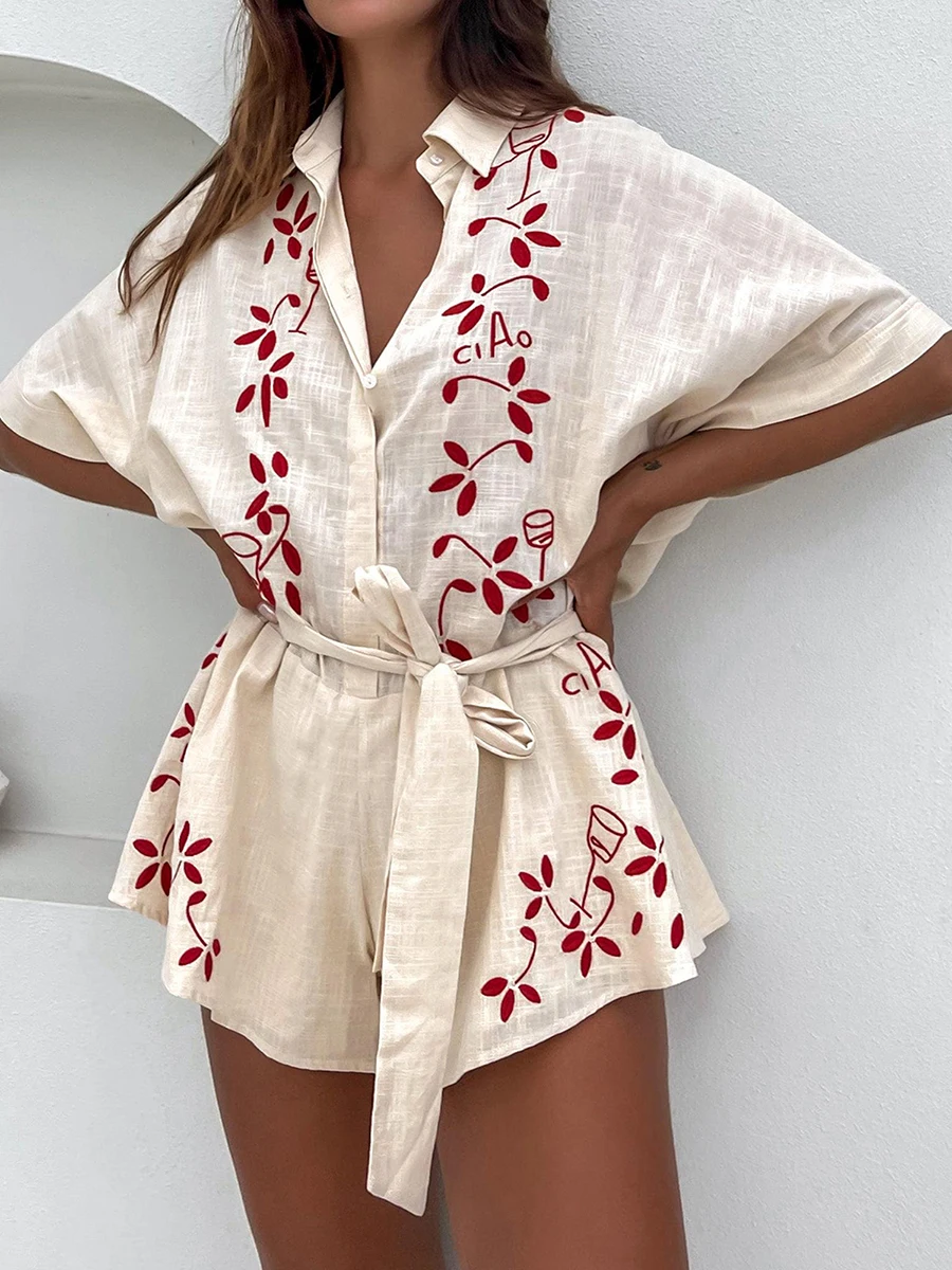 

Women'S Summer Shirt Printed Shorts Jumpsuit Heart-Shaped/Tree Shaped/Dot Printed Sleeve Lapel Button Dwon Loose Jumpsuit