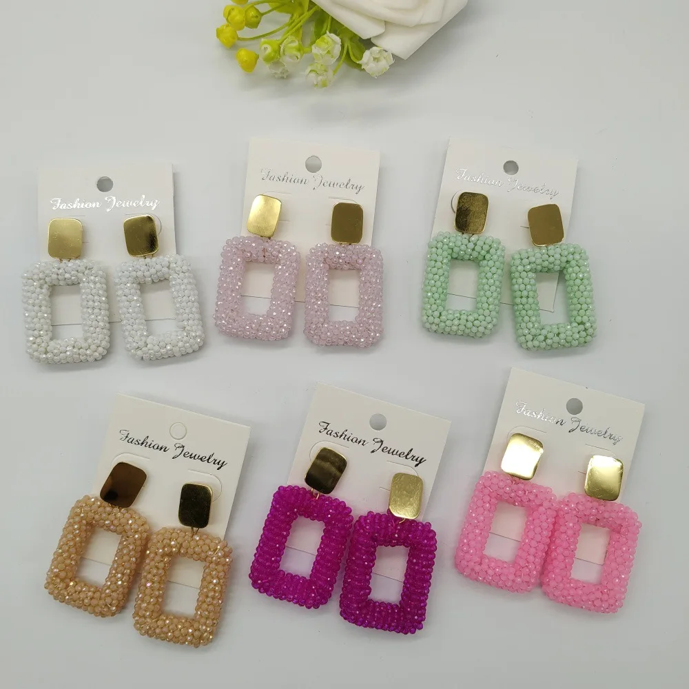

Rice bead earrings Quadrate Crystal Originality Hand knitting Bohemia Alloy Fashion Simple Beaded earrings
