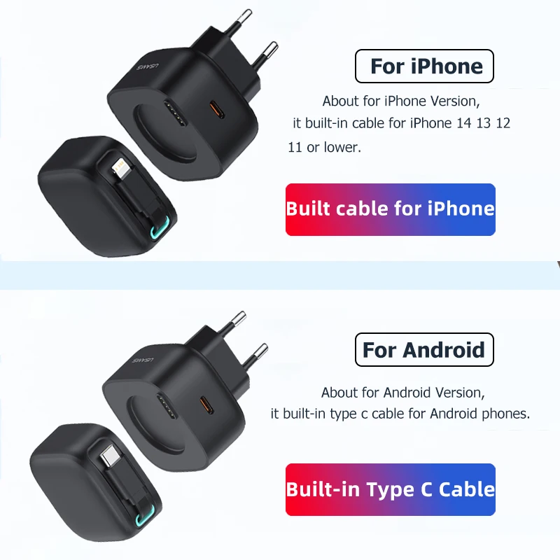 USAMS Magnetic USB GaN Charger 35W Type C PD Fast Phone Charger EU US UK Plug Built Quick Charge Cable for iPhone Xiaomi Samsung