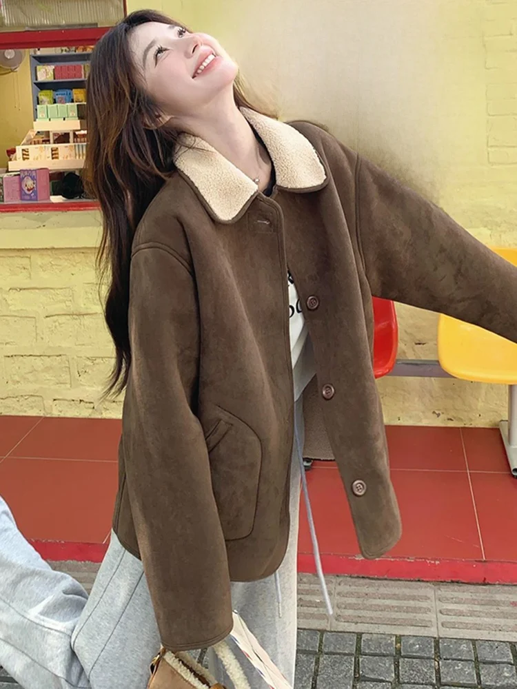 Damski płaszcz z owczej skóry i futra, dwustronny, zimowy, w stylu vintage, z ciepłym kołnierzem, skórzano-futrzany, zapinany na guziki, długi...