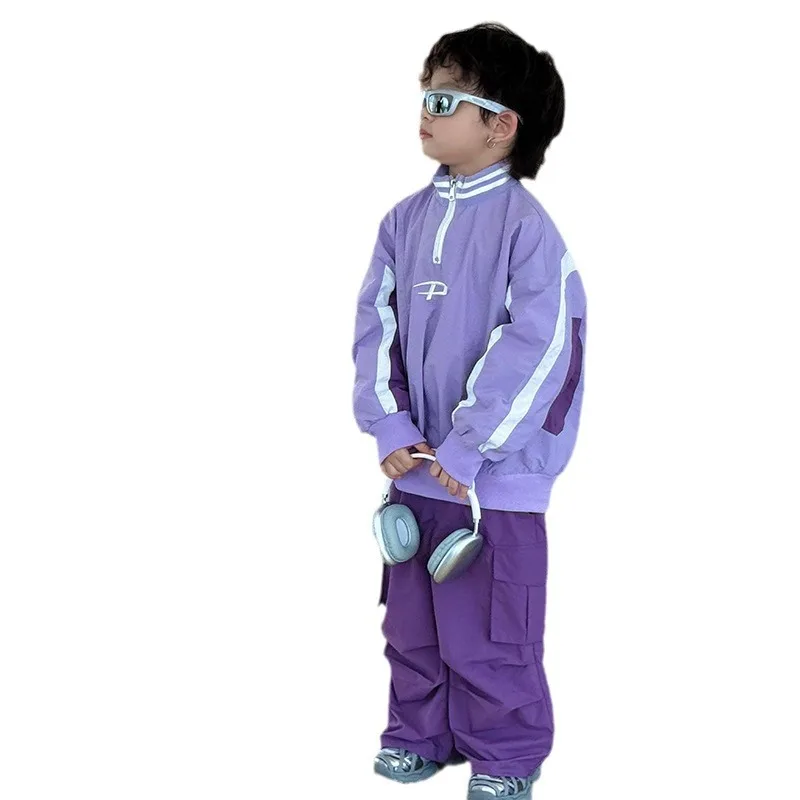

Korean Version Boys Color Matching Coat Pants Set 2026 Spring Autumn Foreign Style Two Piece Sports Suit For Children