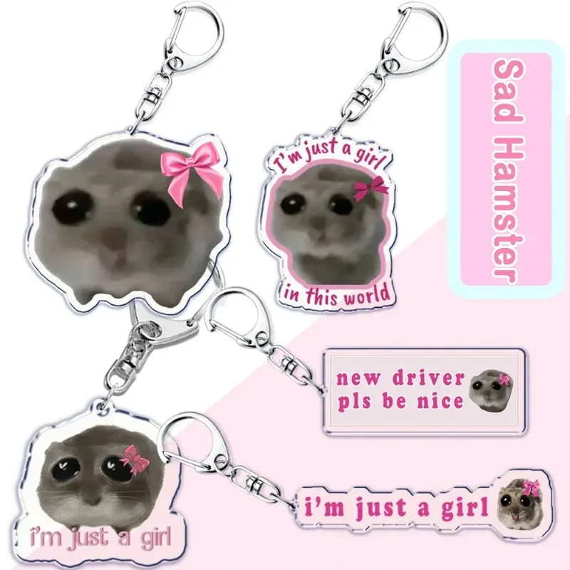 Fun Meme Im Just A Girl Sad Hamster Key Chain Keychains Ring for Accessories Bag Funny Pendant Keyring Jewelry Fans Gifts