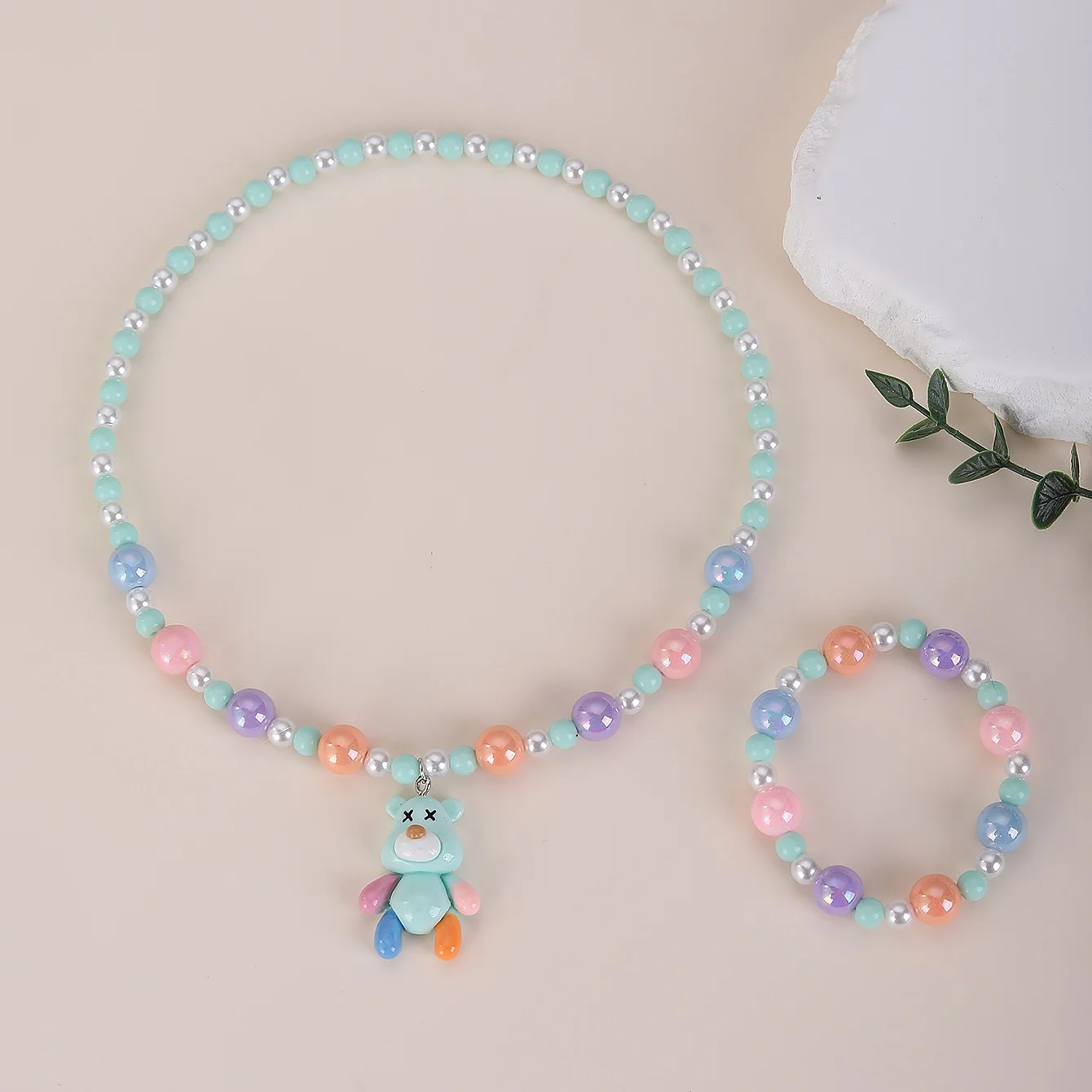 New Children's Necklace Bracelet Joint Bear Little Girl Jewelry suit Cute Cartoon Necklace Girl Princess Colorful Beaded