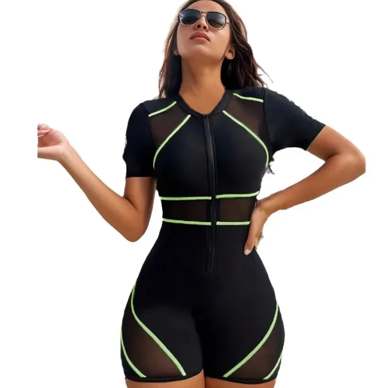 Short Sleeve Surfing Suit Black One Piece Swimsuit Women 2023 New Patchwork Swimwear Sporty Swimwear Zippy Bathing Suit