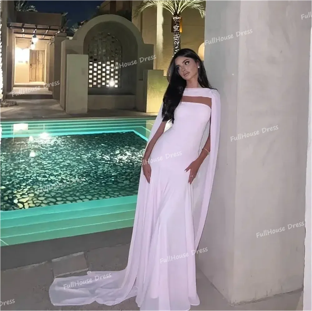 العرف الوردي قارب طوق مطوي المتدفقة ثوب مسائي مستقيم مثير عارية الذراعين الطابق طول فستان الحفلة الراقصة مع كيب للانفصال