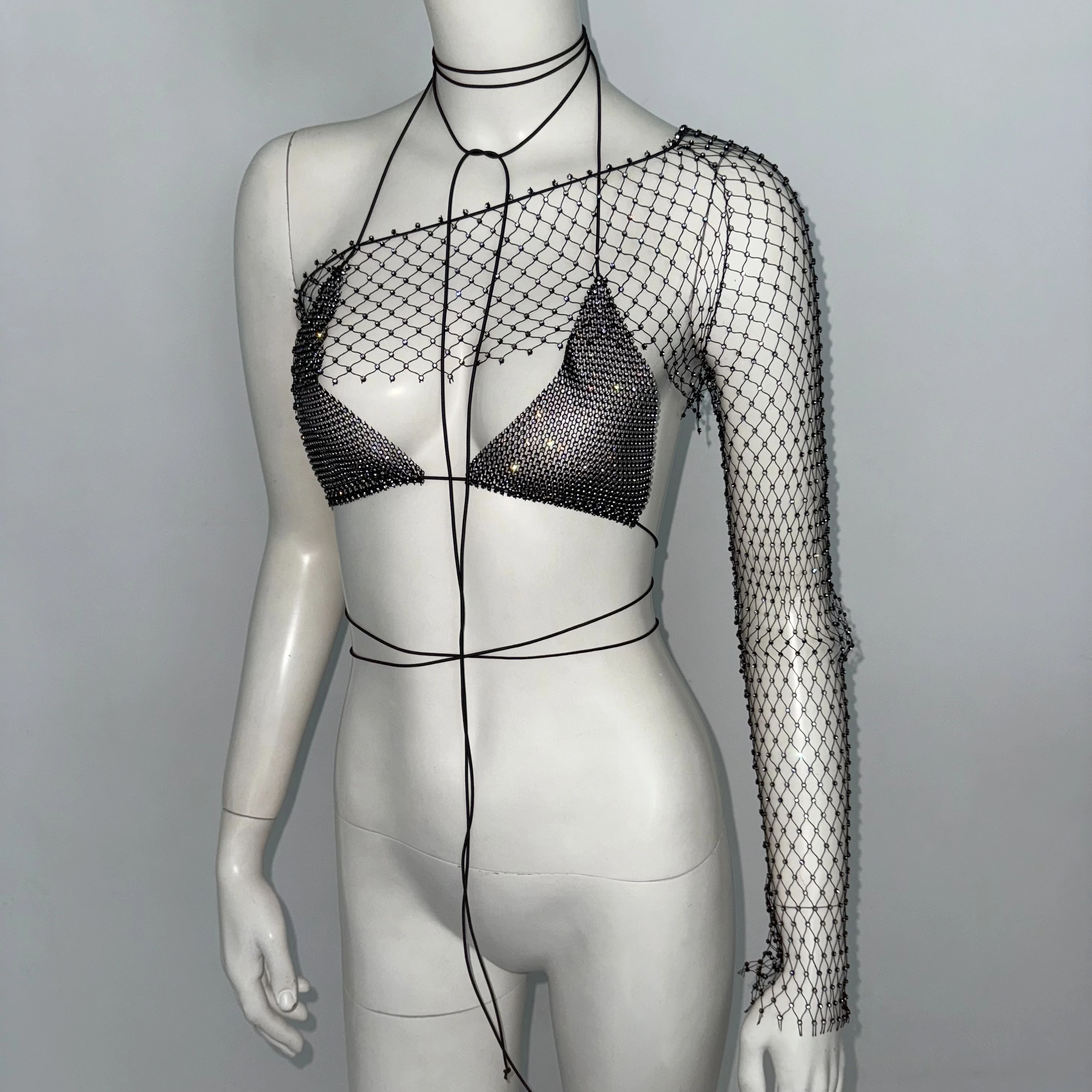 Sexy dos nu licou cou col en V maille creuse haut court été fête haut court brillant strass maille 2 pièces ensemble Camisole pour les femmes