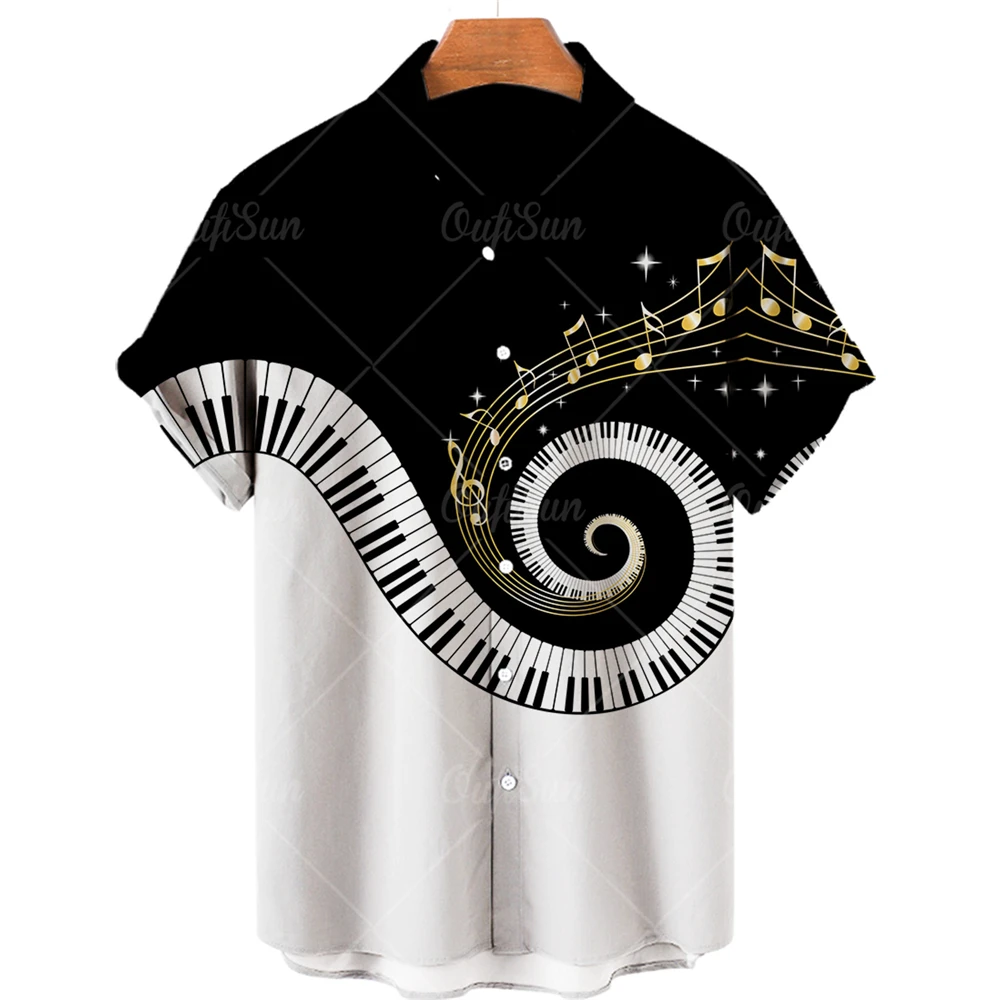 Camisa Havaiana dos homens de verão Moda Piano 3D Camisa Masculina Notas de Música Manga Curta Lapela Botão Único Camisa Praia Roupas Masculinas