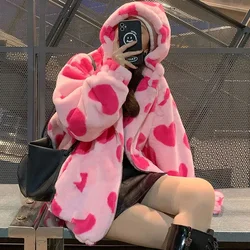 Pink Women Hoodies Sweet Heart-Shaped Loose Female Warm Sweatshirt Harajuku Zipper Thick Plush Long Sleeve Female Coat