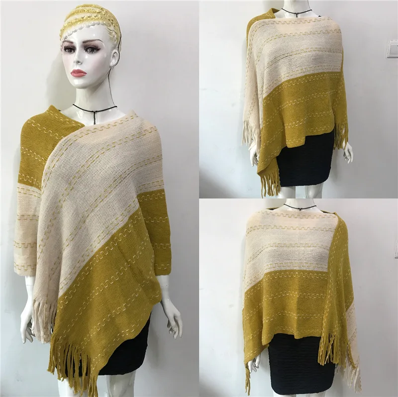 

2022 Spring Autumn Color Matching Tassel Knitted Shawl Women New Warm Imitation Cashmere Pullover Cloak Sunscreen Yellow