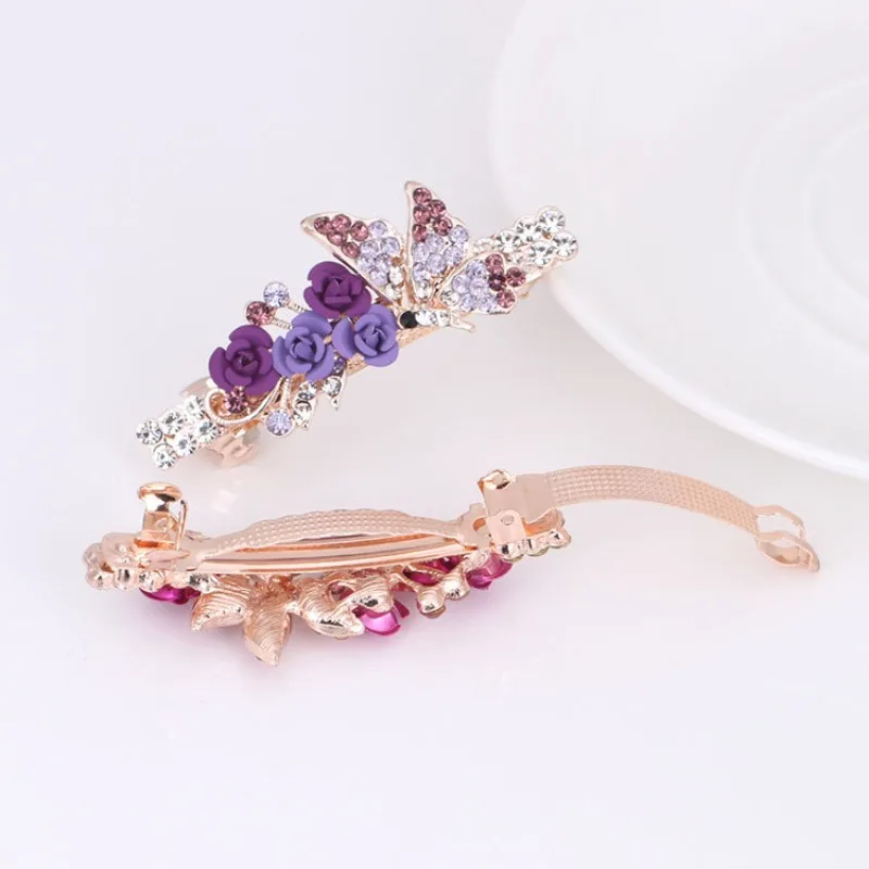 Small Rose Flower Rhinestone Butterfly Hairpin Headgear Ladies Spring Clip Top Clip Horizontal Clip