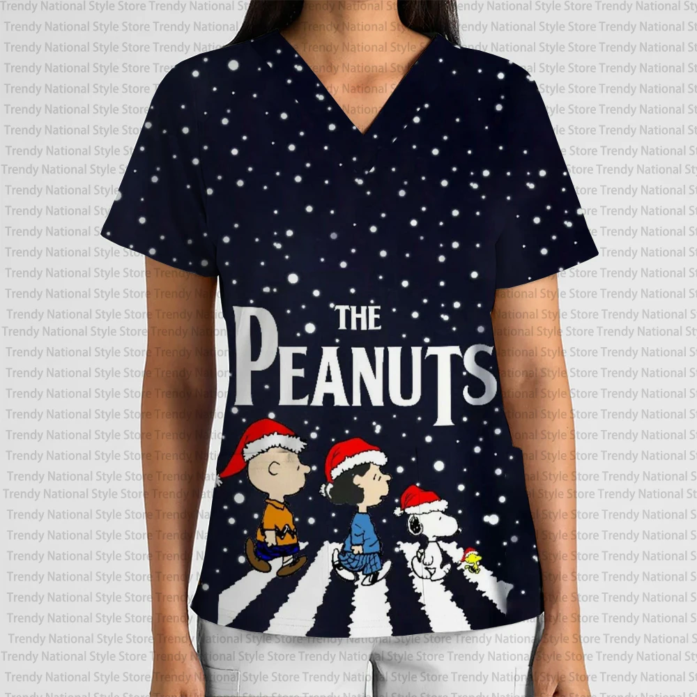 2025 جديد المرأة عيد الميلاد سلسلة الكرتون أنيمي قصيرة الأكمام العمل موحدة الخامس الرقبة طباعة فرك هدية عيد ميلاد تي شيرت #6