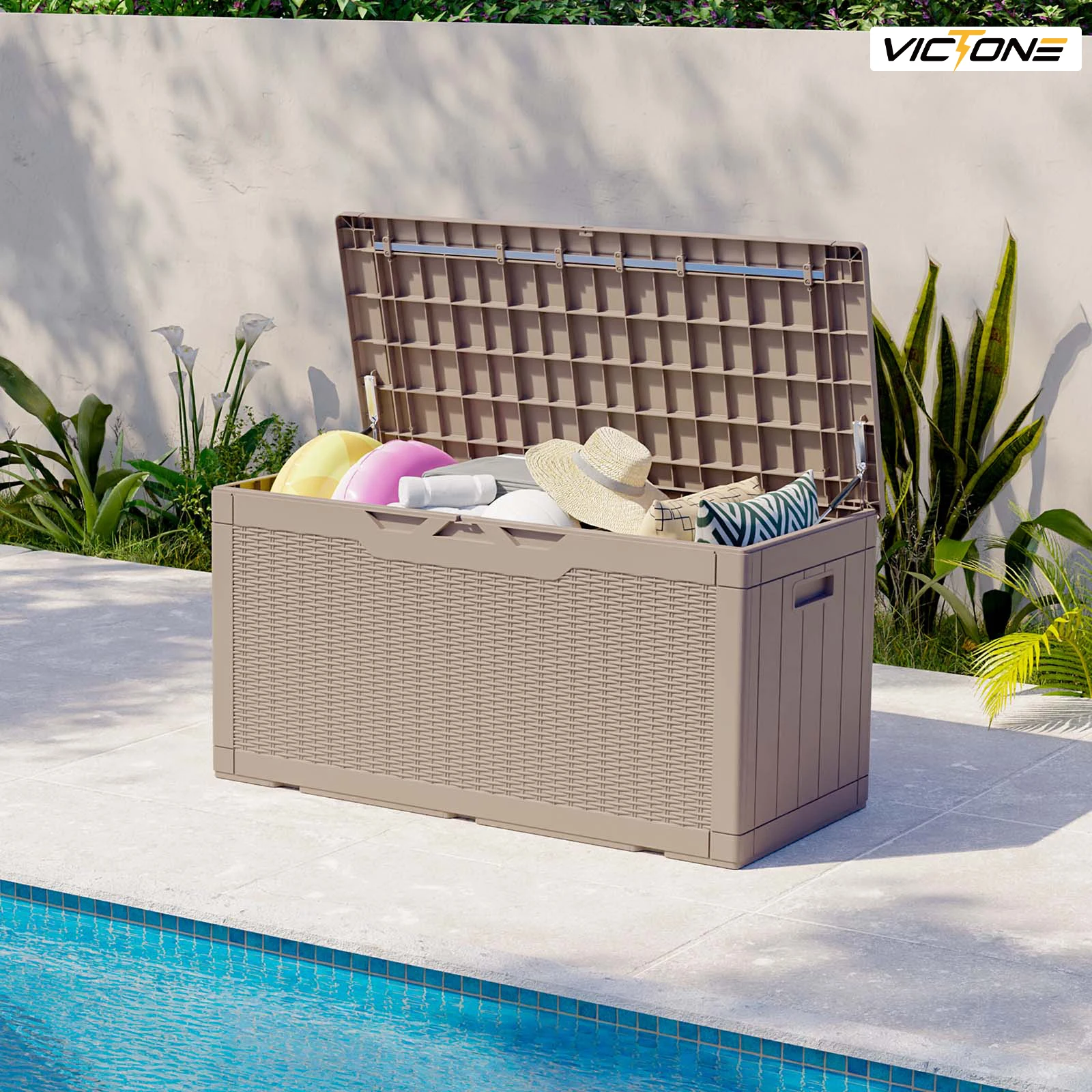 Victone 100 Gallon Resin Deck Box, Waterproof Large Outdoor Storage Box with Padlock for Patio Furniture Toys, Light Brown