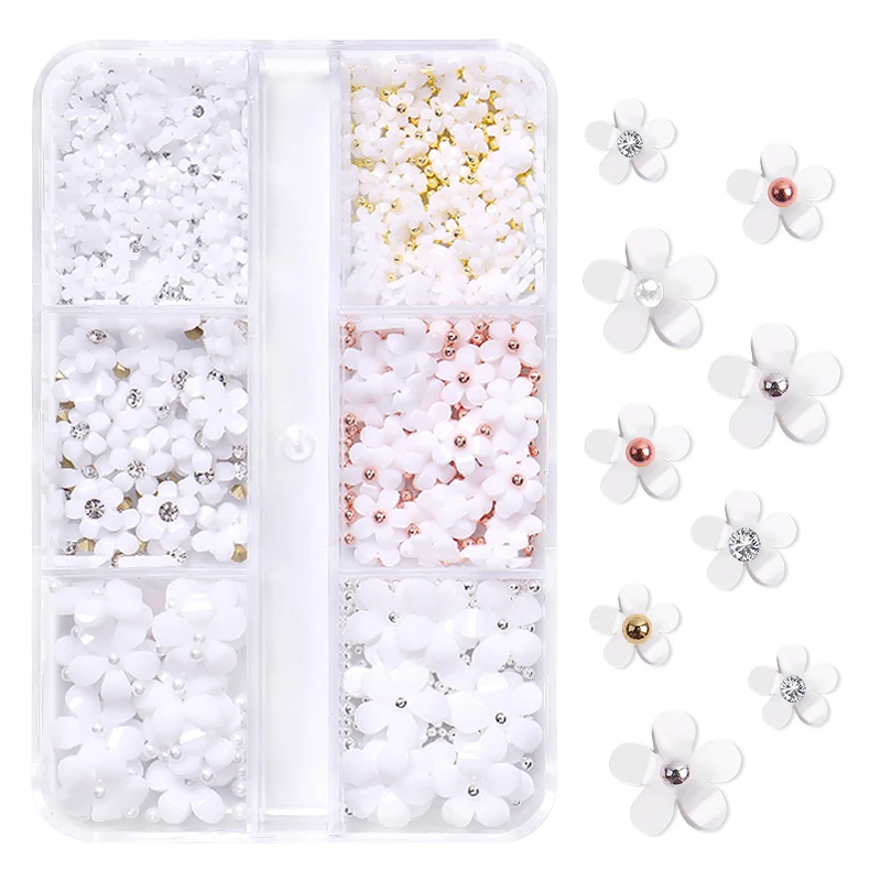 3D White Acrylic Flower Nail Art Decorations Mixed Size Florets Charms Jewelry Gem Beads DIY Nail Charms Design Accessories