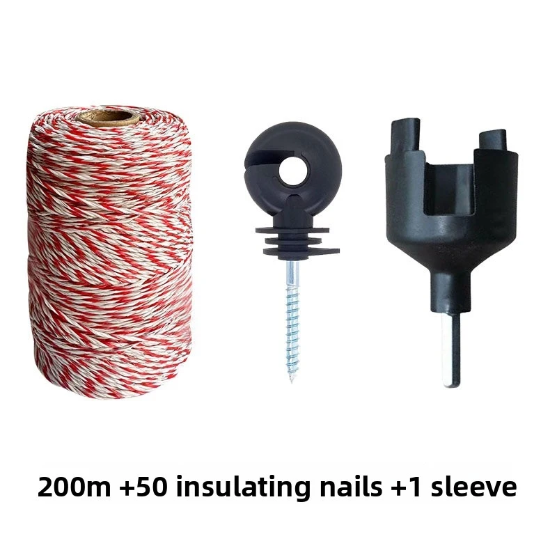 200M Electric Fence Rope Set With 50Pcs Insulated Nails + 1Pc Sleeve Kit High Voltage Conductive Wire Pasture Livestock Fence Ac