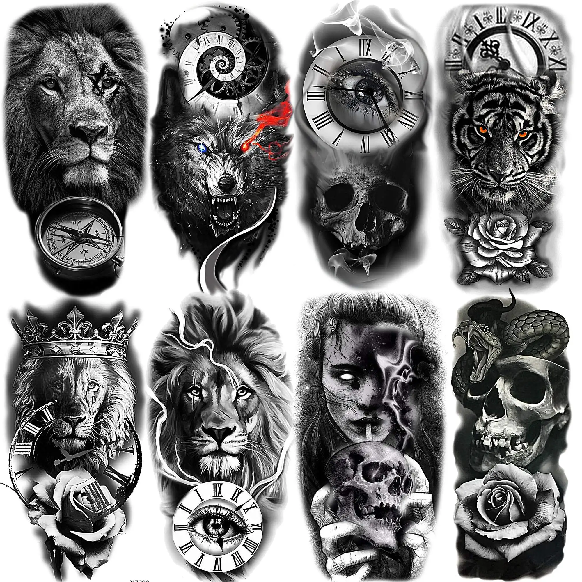 

8 Sheets Black Skull Temporary Tattoos For Adults Women Man Fake Animal Tattoo Sticker Wolf Tiger Tatoos Gangster Flower Fashion