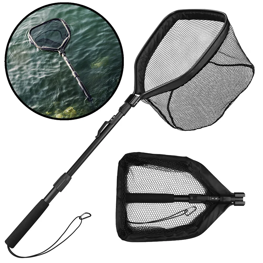 Floating Fishing Net Foldable Landing Net Easy Catch&Release with Telescopic Pole Rubber Coated Fish Net for Saltwater Freshwate